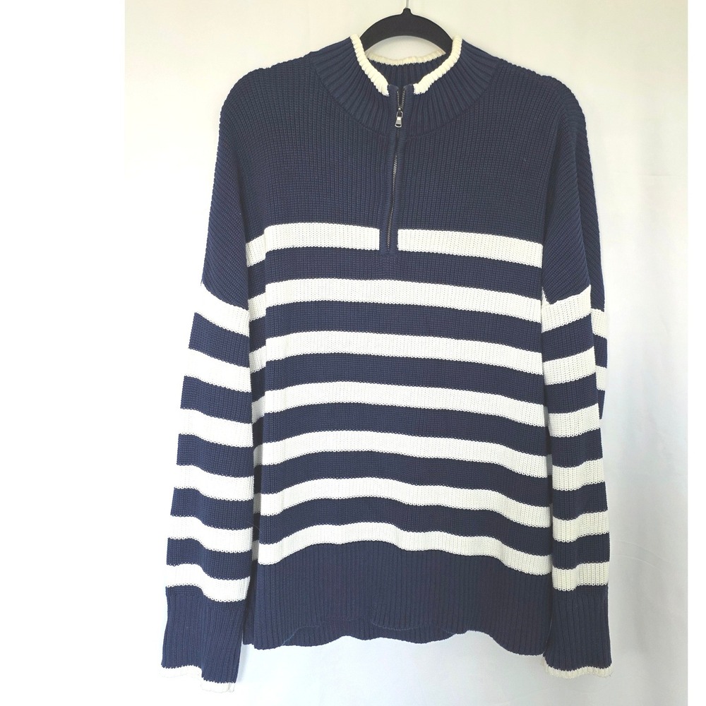 Lands' End Striped Quarter Zip Cotton Sweater XL 16-18 Navy Blue White Ribbed